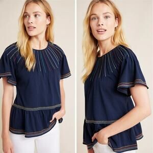 Maeve Anthropologie Navy Embroidered Chamonix Peplum Top Size XS Women's